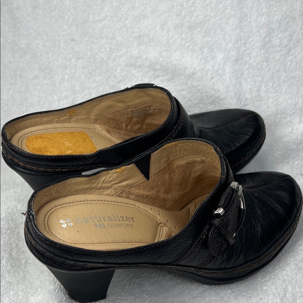 Naturalizer Black Leather Slip-On Mules with Silver Buckle - Picture 10 of 10